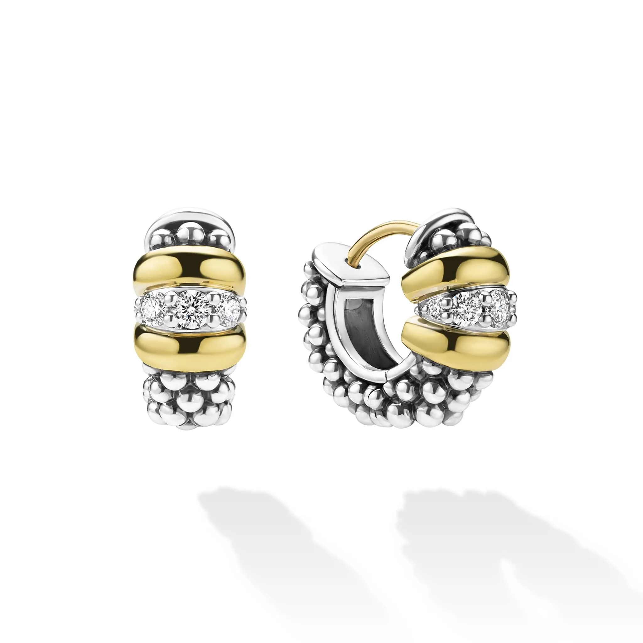 Signature Caviar Two-Tone Caviar Beaded Diamond Huggie Earrings sold by LAGOS