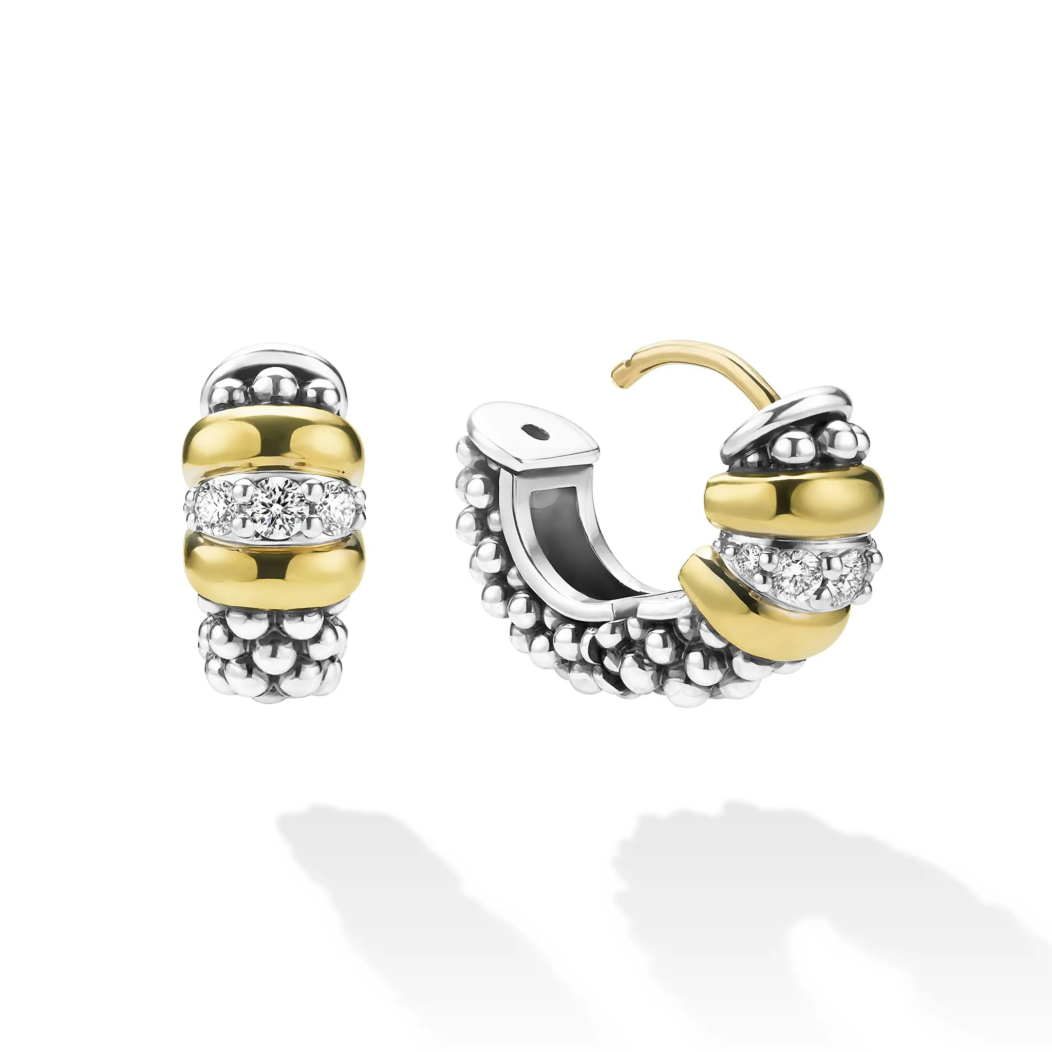 Signature Caviar Two-Tone Caviar Beaded Diamond Huggie Earrings sold by LAGOS product image thumbnail 3