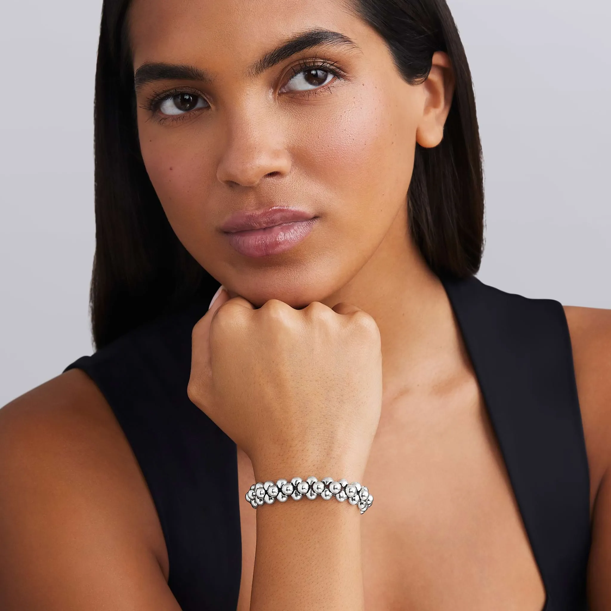 Caviar Bubbly Silver Three Row Beaded Statement Bracelet sold by LAGOS product image thumbnail 2