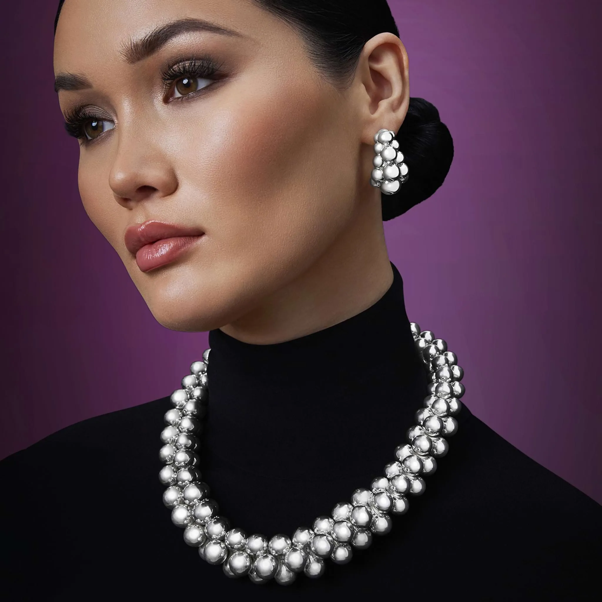 Caviar Bubbly Silver Three Row Beaded Hoop Earrings sold by LAGOS product image thumbnail 5