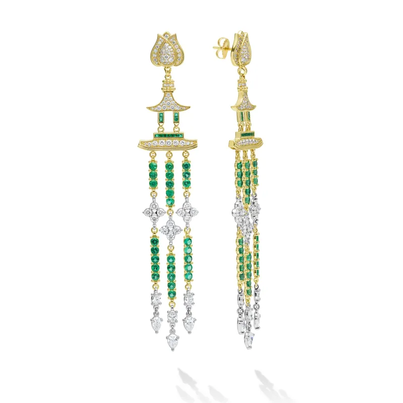 Studio 18K Diamond and Emerald Lotus Drop Earrings sold by LAGOS