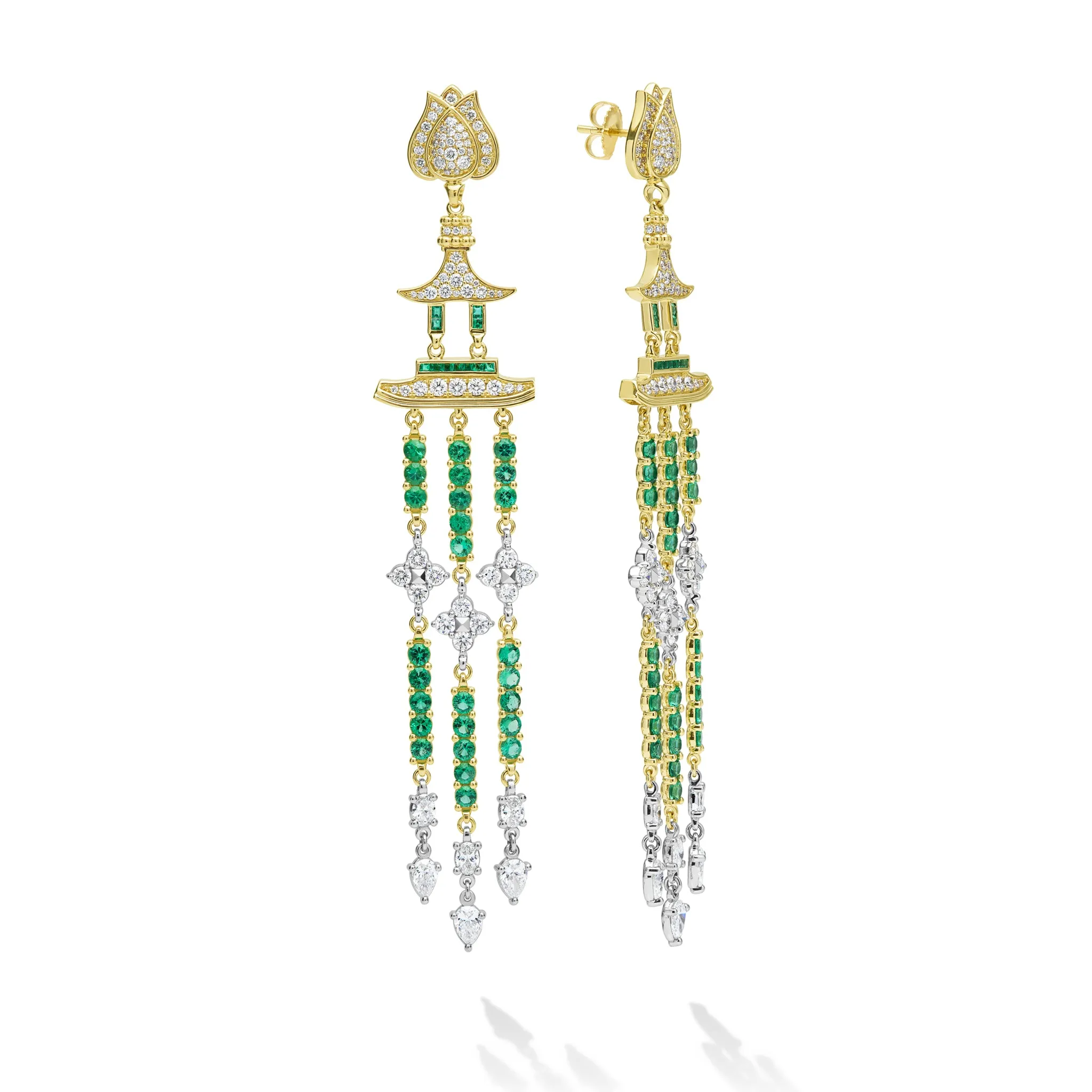 SML 18K Diamond and Emerald Lotus Drop Earrings sold by LAGOS