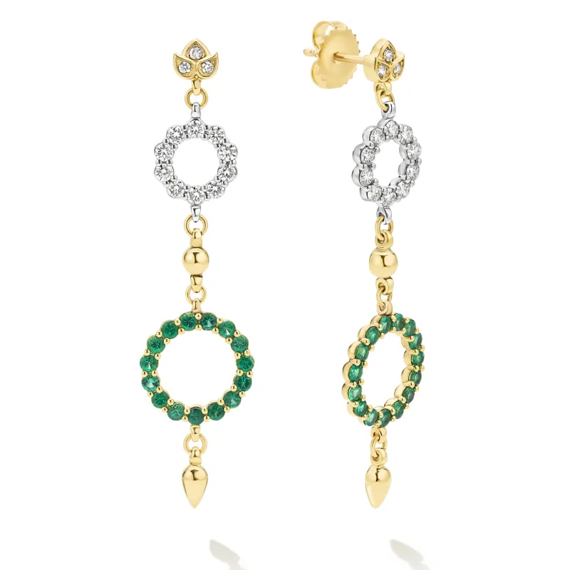 Studio 18K Diamond Lotus Circle with Emerald Circle Drop Earrings sold by LAGOS