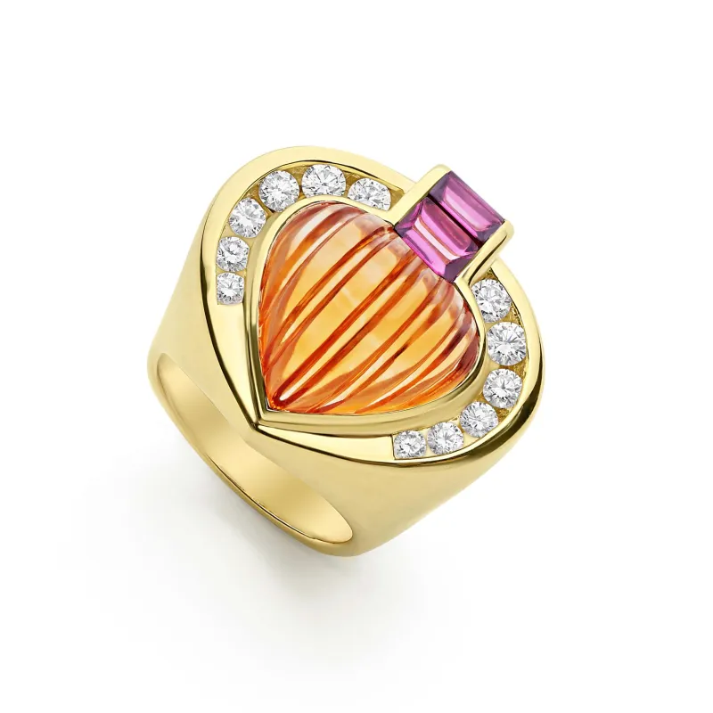 Studio 18K Diamond Fluted Citrine Rhodolite and Emerald Ring sold by LAGOS