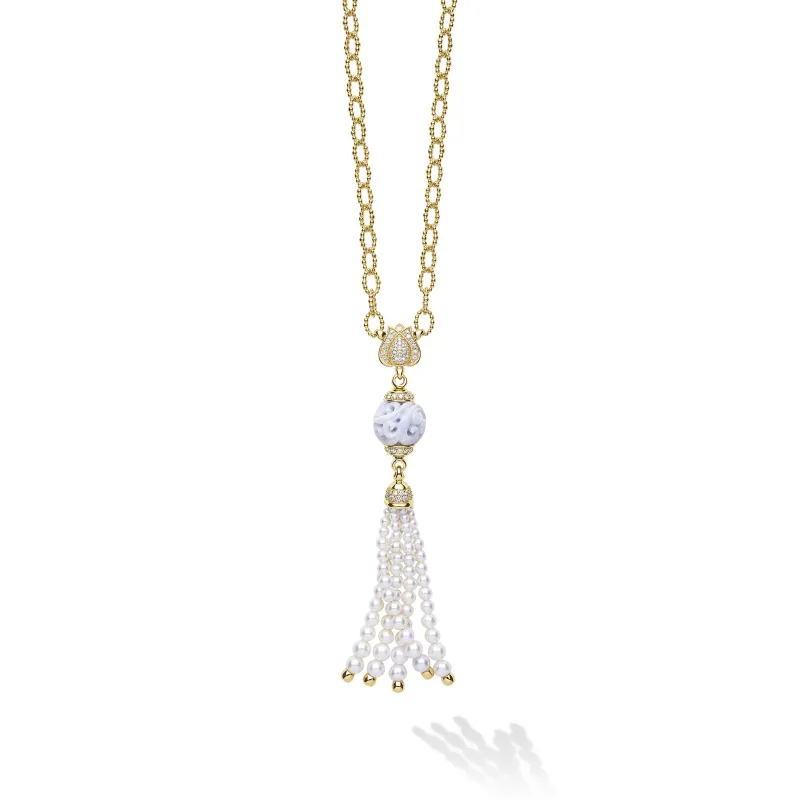 18K Caviar Gold Lotus & Lavendar Jade Tassel Necklace sold by LAGOS