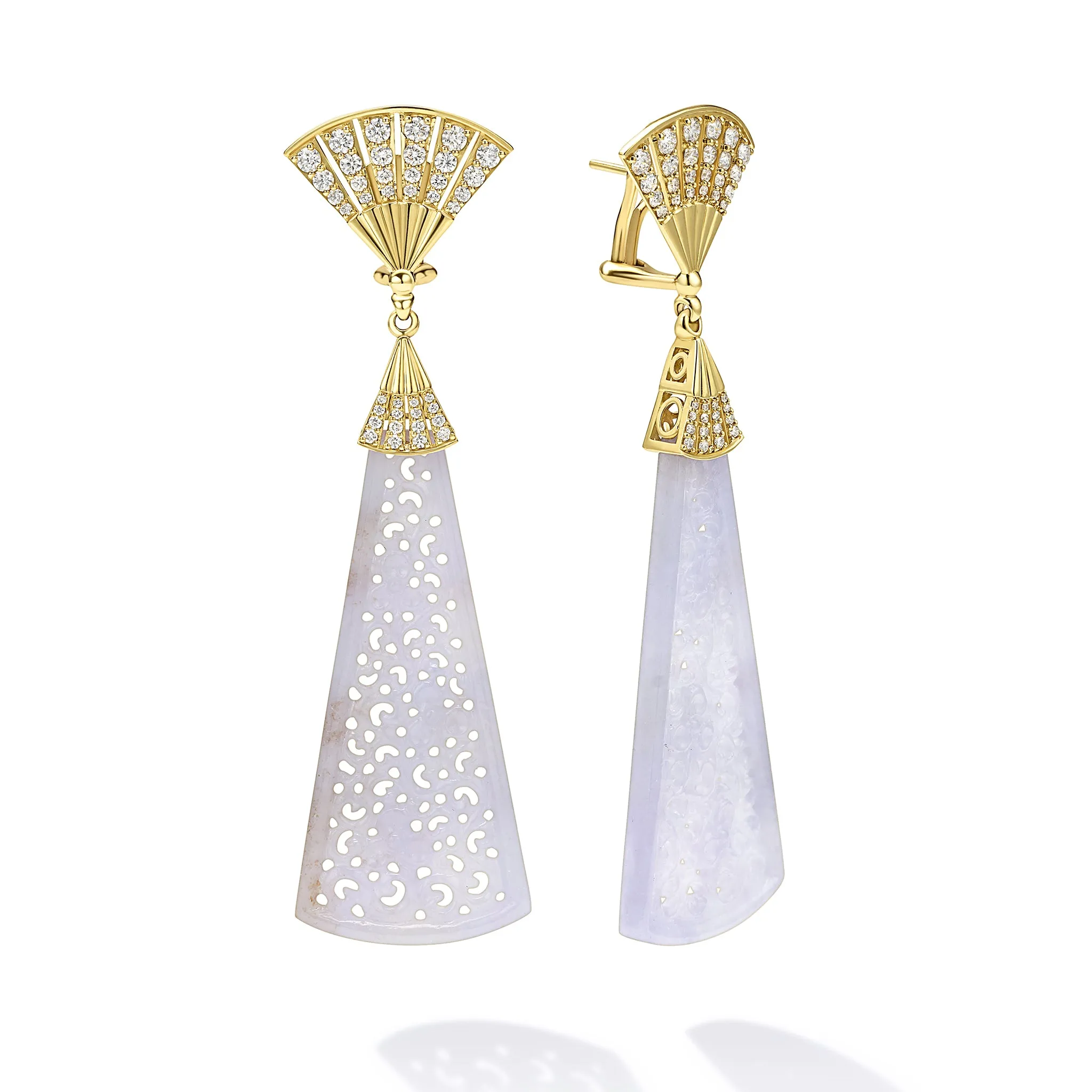 Studio 18K Diamond Fan Top Lavendar Jade Panel Earrings sold by LAGOS