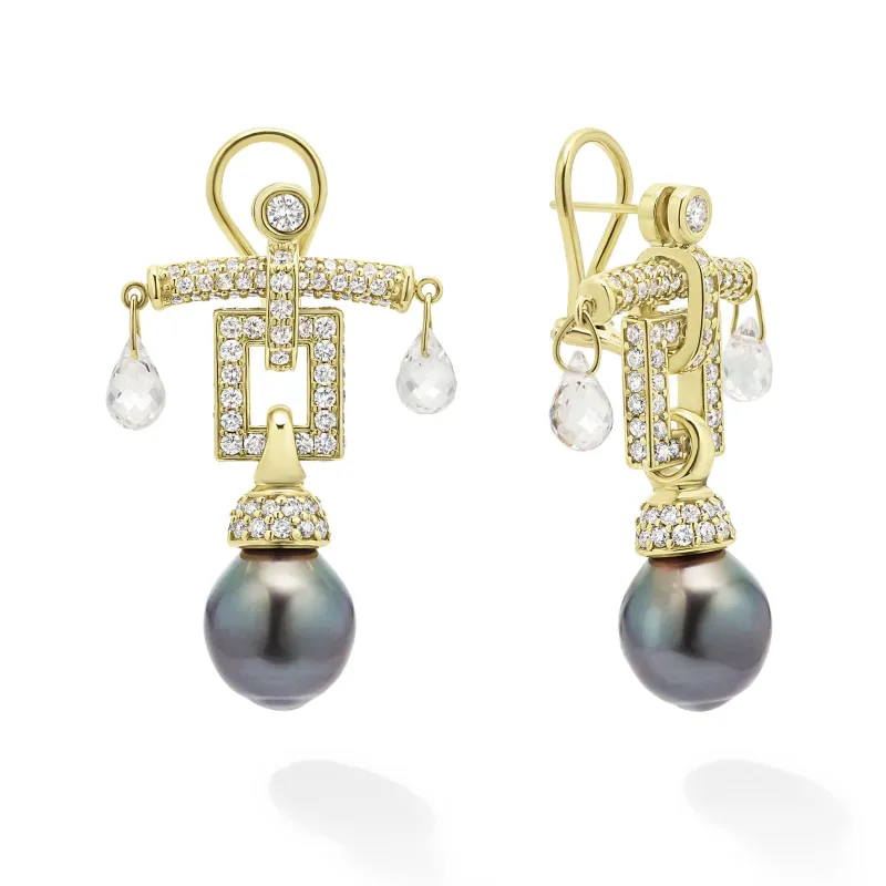 Studio 18K Diamond Quartz and Black Tahitian Pearl Drop Earrings sold by LAGOS