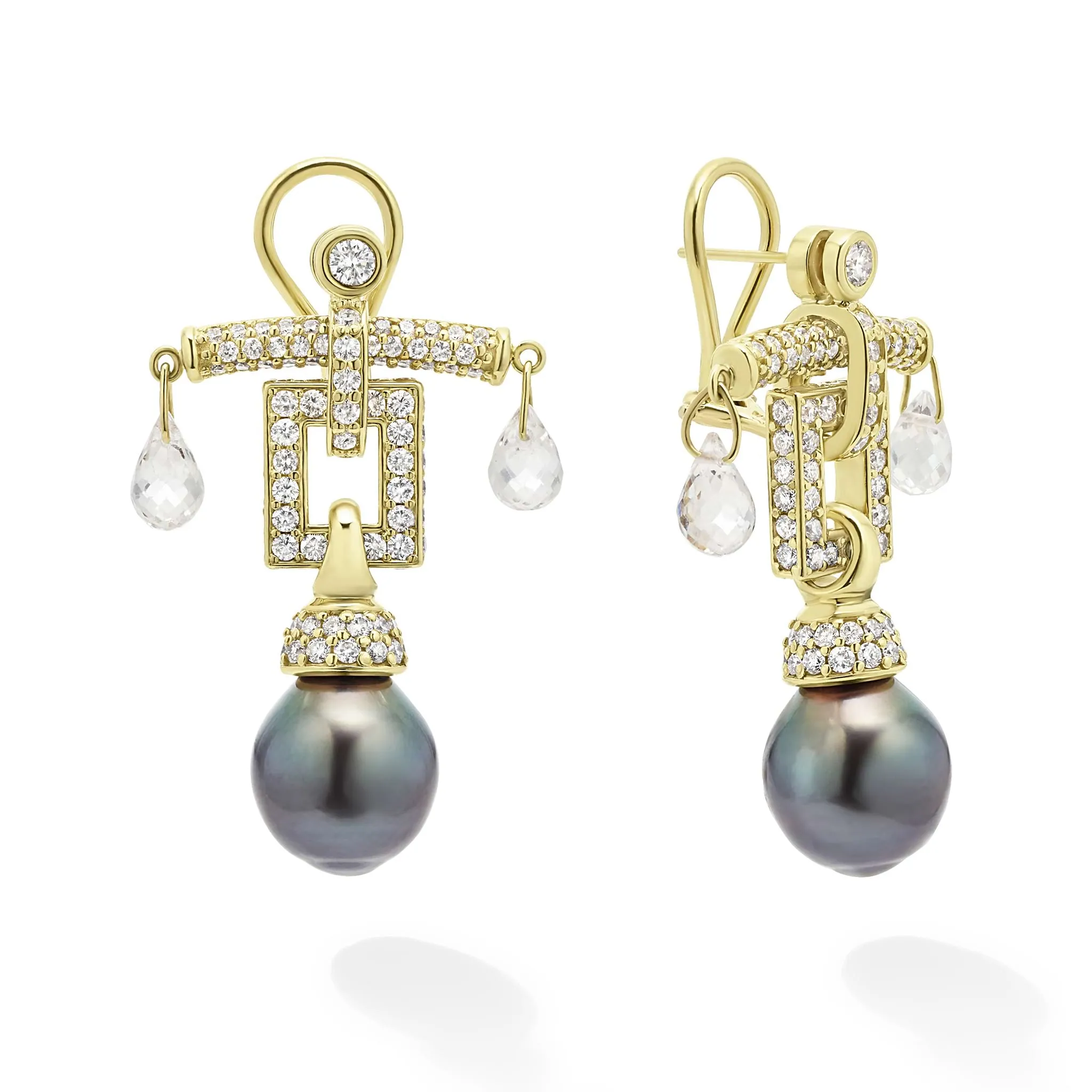 Studio 18K Diamond Quartz and Black Tahitian Pearl Drop Earrings sold by LAGOS