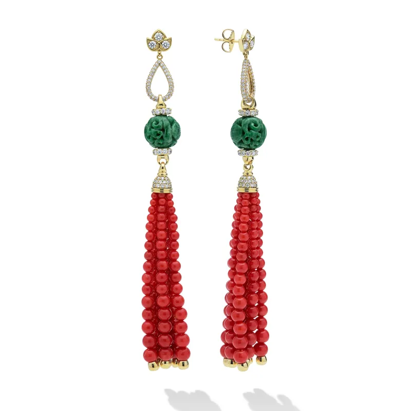 18K Diamond Lotus Jade & Red Coral Tassel Earrings sold by LAGOS