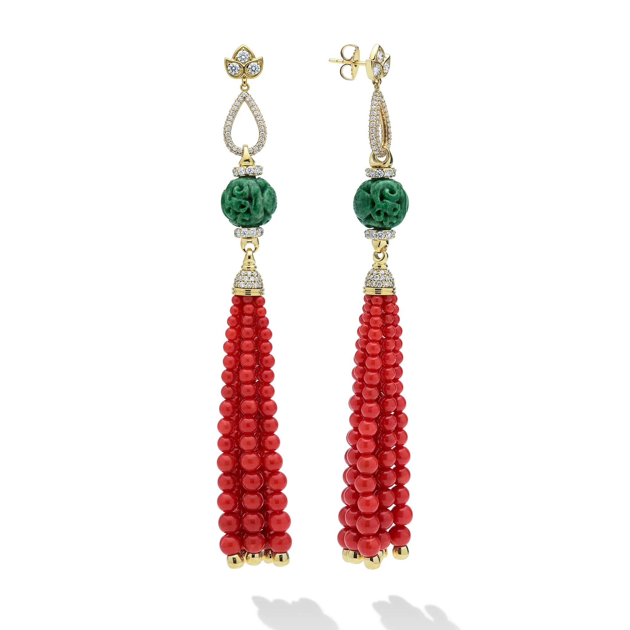 18K Diamond Lotus Jade & Red Coral Tassel Earrings sold by LAGOS