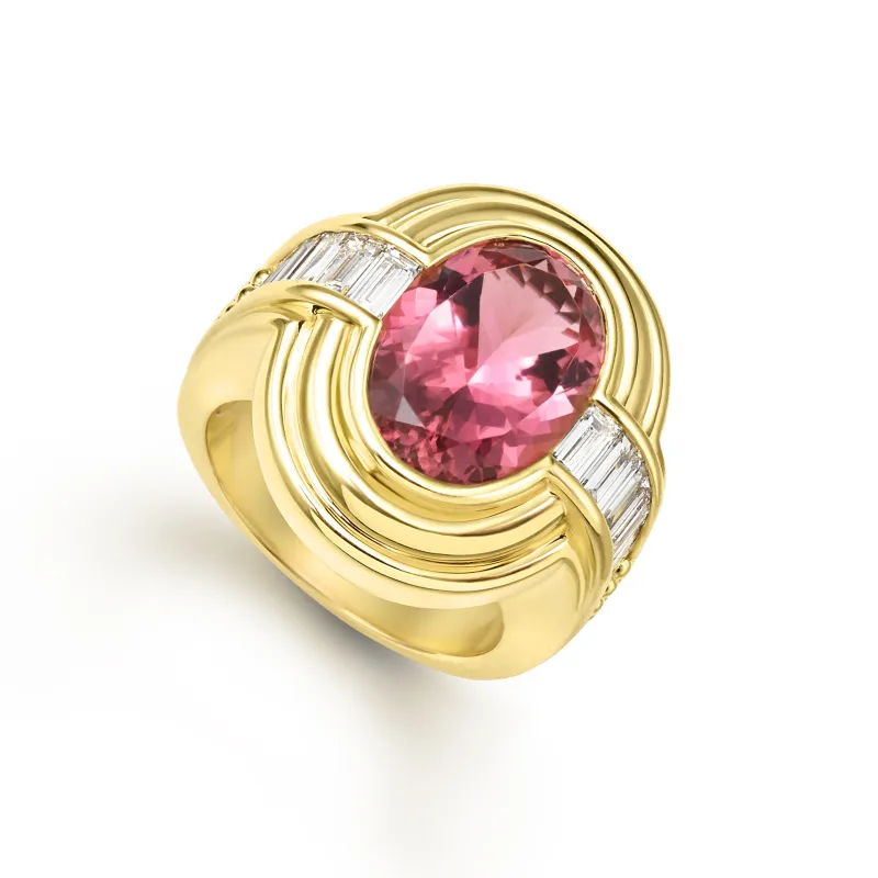 Studio Pink Tourmaline with Diamond Baguette Ring sold by LAGOS