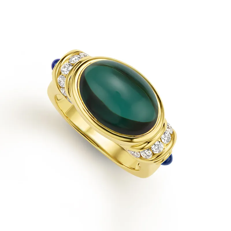 18K Green Tourmaline Diamond and Sapphire Ring sold by LAGOS