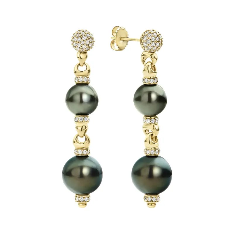 Studio 18K Gold Diamond Black Tahitan Pearl Drop Earrings made by LAGOS