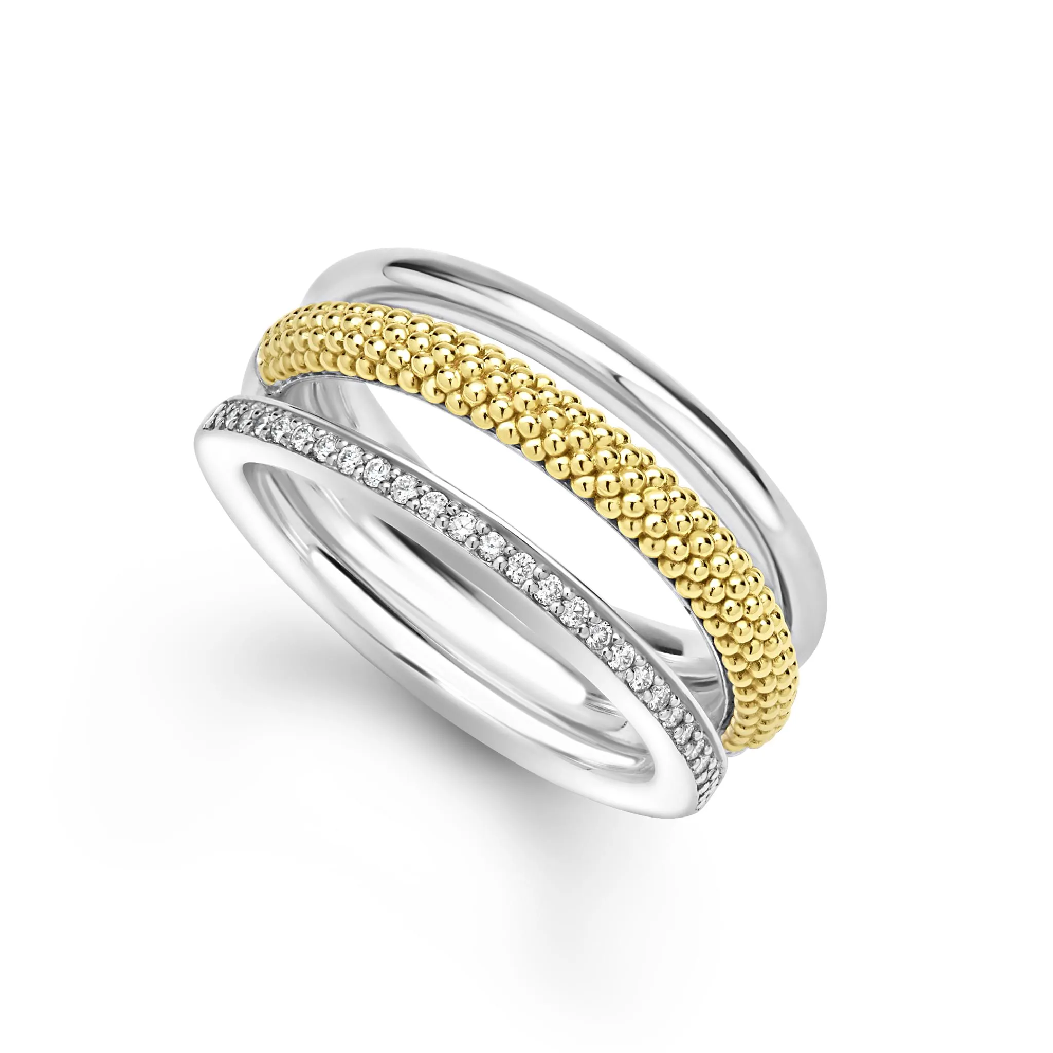 Caviar Lux Two-Tone Three Row Diamond Ring sold by LAGOS