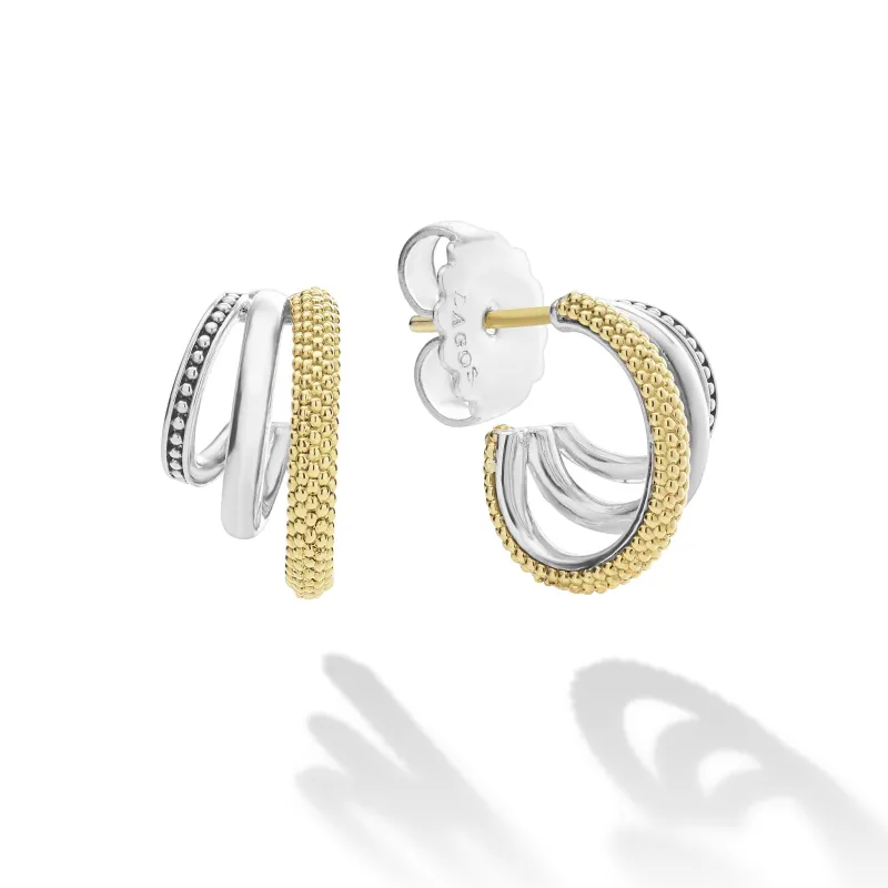 Caviar Lux Two-Tone Three Ring Hoop Earrings sold by LAGOS
