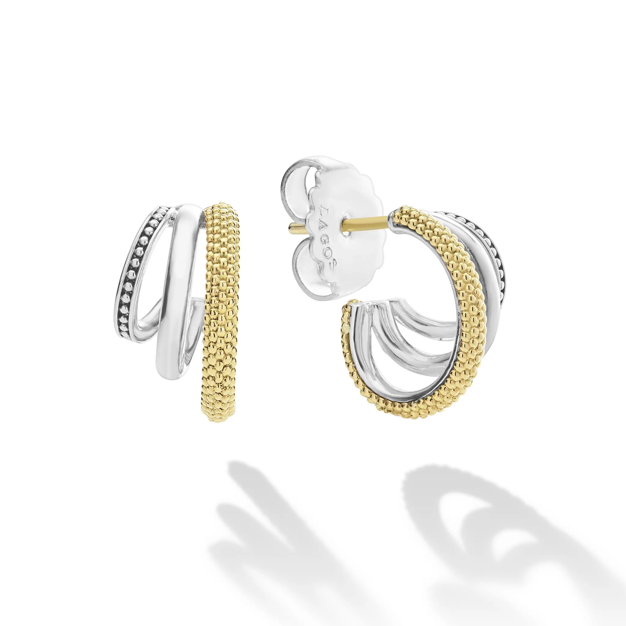 Caviar Lux Two-Tone Three Ring Hoop Earrings sold by LAGOS