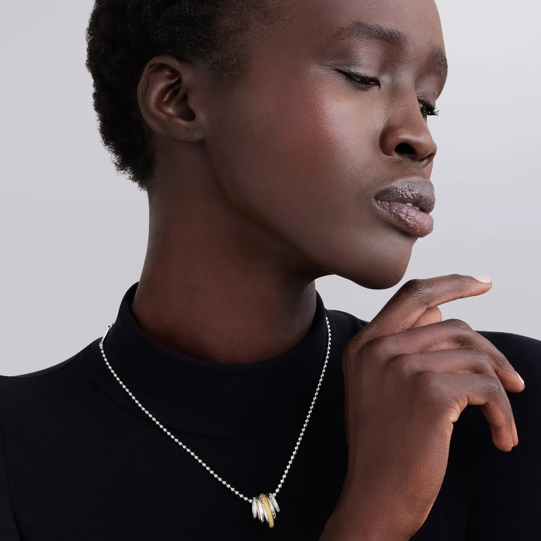 Caviar Lux Two-Tone Five Ring Diamond Pendant Necklace sold by LAGOS product image thumbnail 2