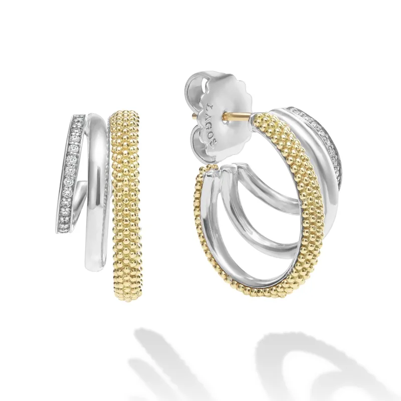 Caviar Lux Two-Tone Three Ring Diamond Hoop Earrings sold by LAGOS