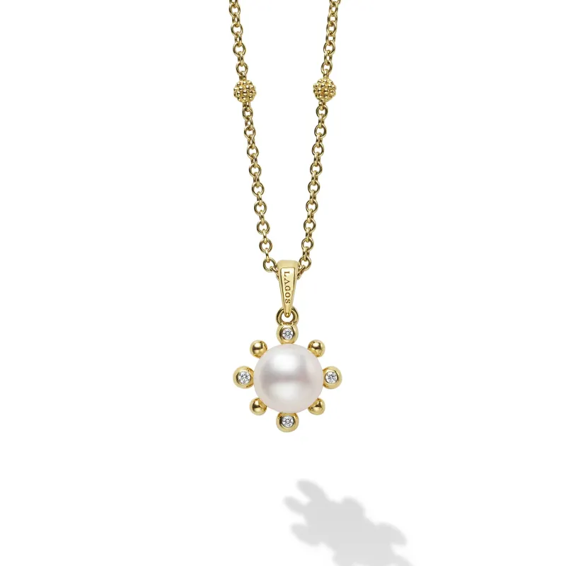Luna 18K Gold Fleur Pearl Diamond Pendant Necklace sold by LAGOS