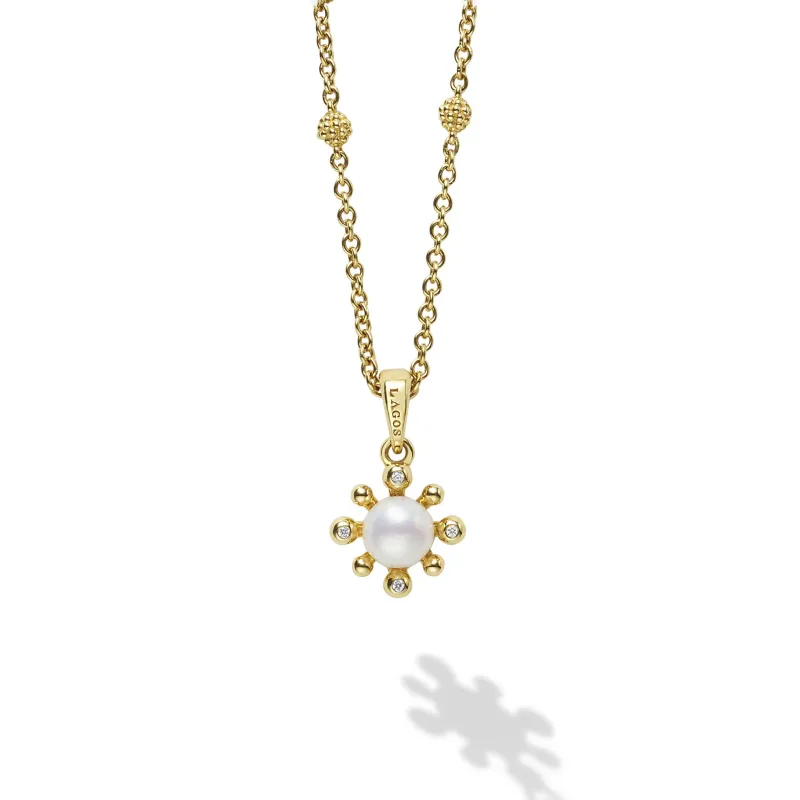Luna 18K Gold Petite Fleur Pearl Diamond Pendant Necklace sold by LAGOS