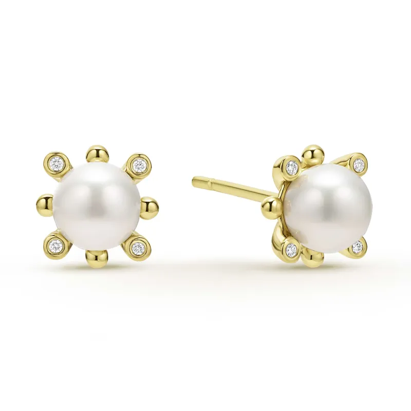 Luna 18K Gold Fleur Pearl Diamond Stud Earrings sold by LAGOS