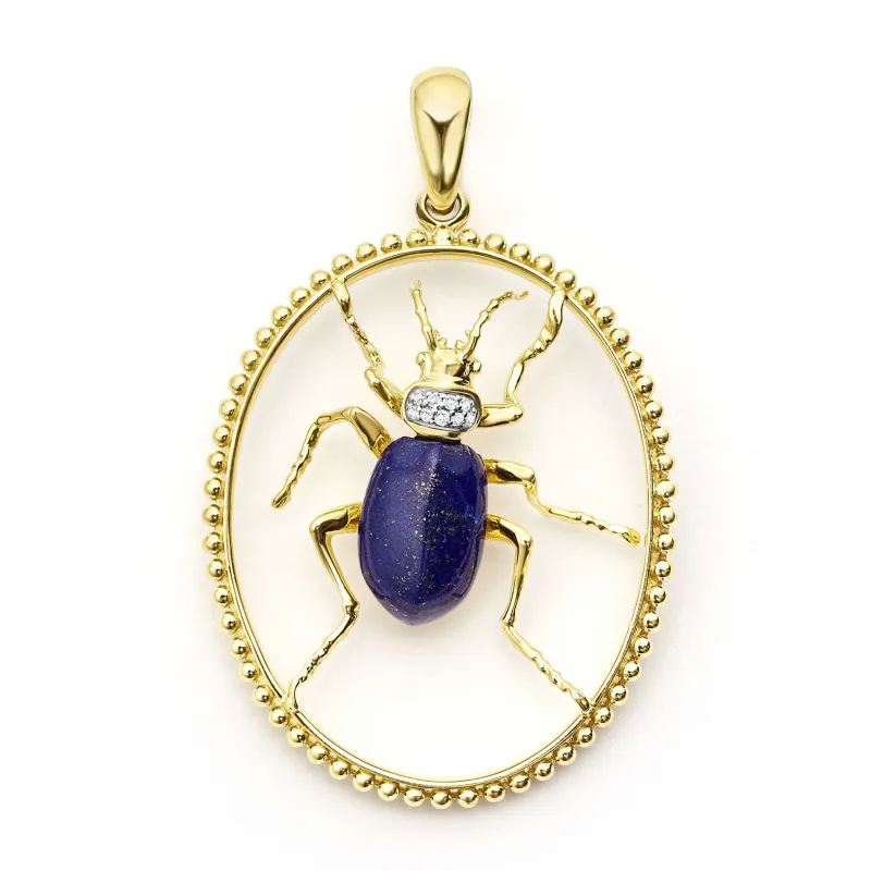Studio 18K Gold Lapis and Diamond Beetle Pendant sold by LAGOS