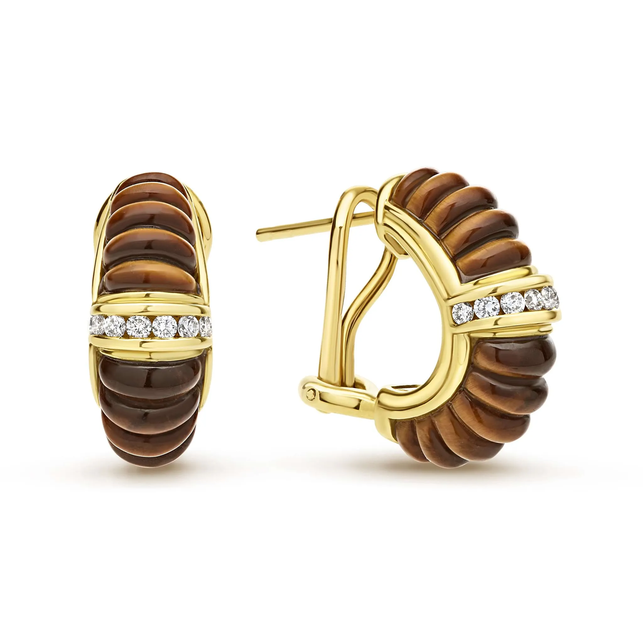 Studio 18K Gold Fluted Tigers Eye Diamond Earrings sold by LAGOS