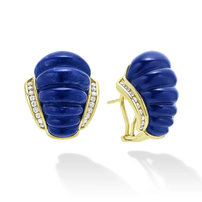 Studio 18K Gold Fluted Lapis Diamond Earrings sold by LAGOS