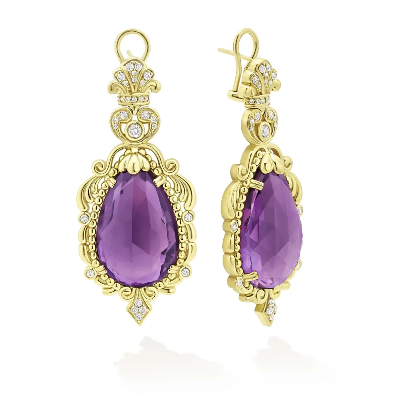 18K Gold Amethyst and Diamond Baroque Omega Clip Earrings sold by LAGOS