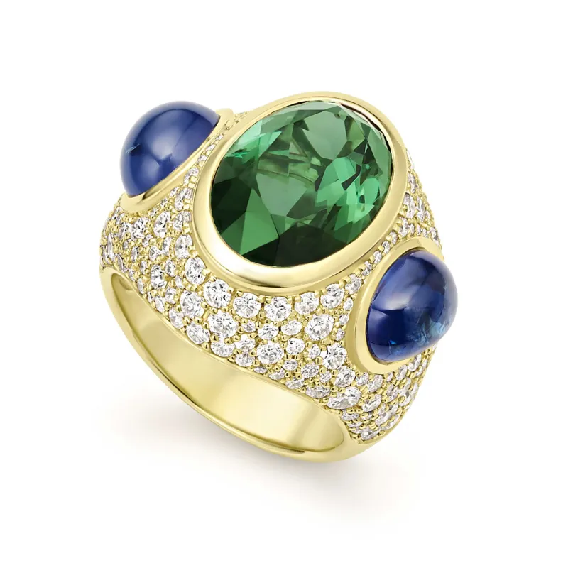 Studio 18K Gold Green Tourmaline and Blue Sapphire Diamond Ring sold by LAGOS