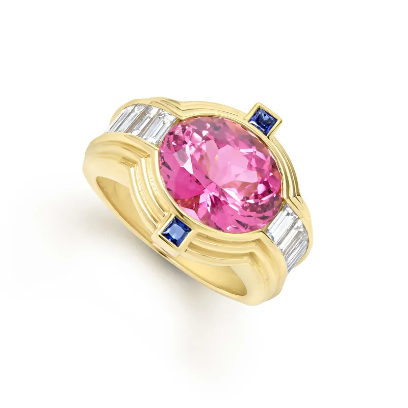 Studio 18K Gold Pink Tourmaline and Blue Sapphire Diamond Ring sold by LAGOS
