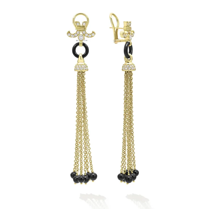 Studio 18K Gold Black Agate Dragon Ball Tassel Earrings sold by LAGOS