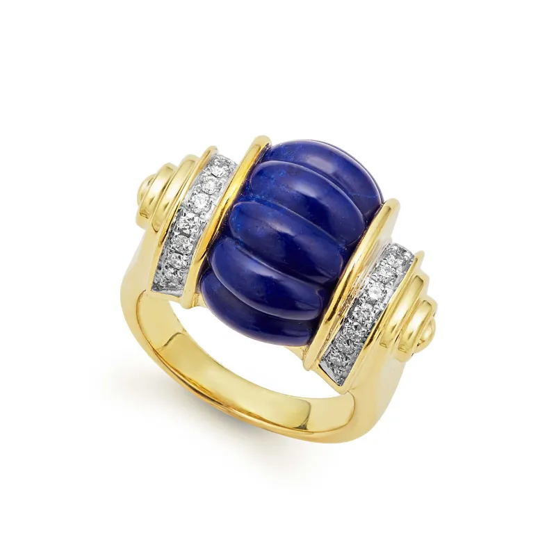Studio 18K Gold and Diamond Lapis Fluted Ring sold by LAGOS