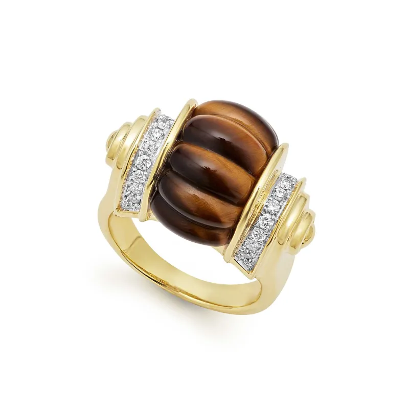Studio 18K Gold and Diamond Tigerseye Fluted Ring sold by LAGOS