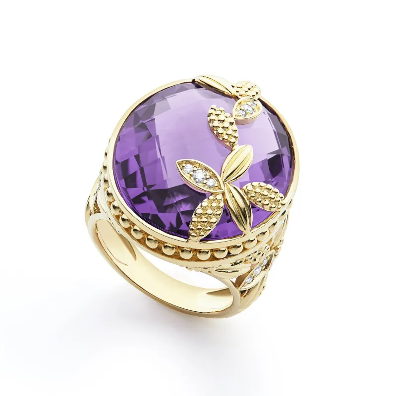 Studio 18K Gold Floral Amethyst and Diamond Ring sold by LAGOS