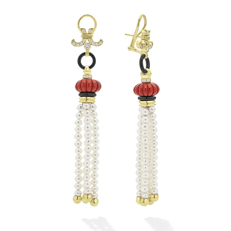 Studio 18K Gold Red Jasper and Pearl Diamond Tassel Earrings sold by LAGOS