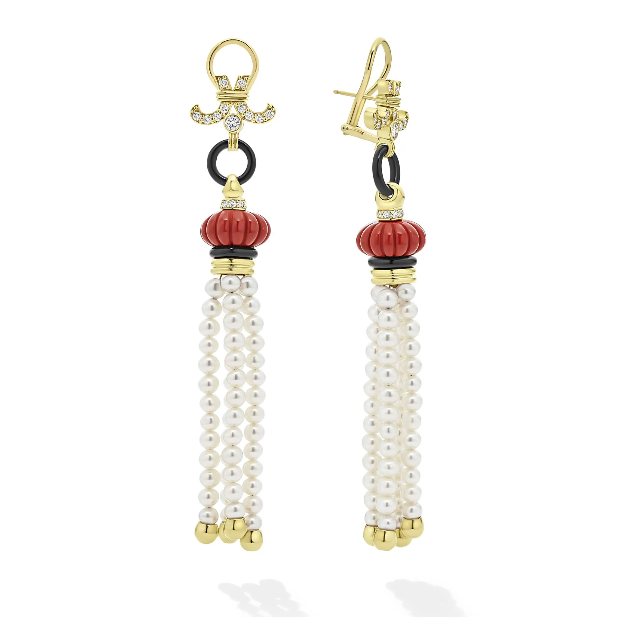 Studio 18K Gold Red Jasper and Pearl Diamond Tassel Earrings sold by LAGOS
