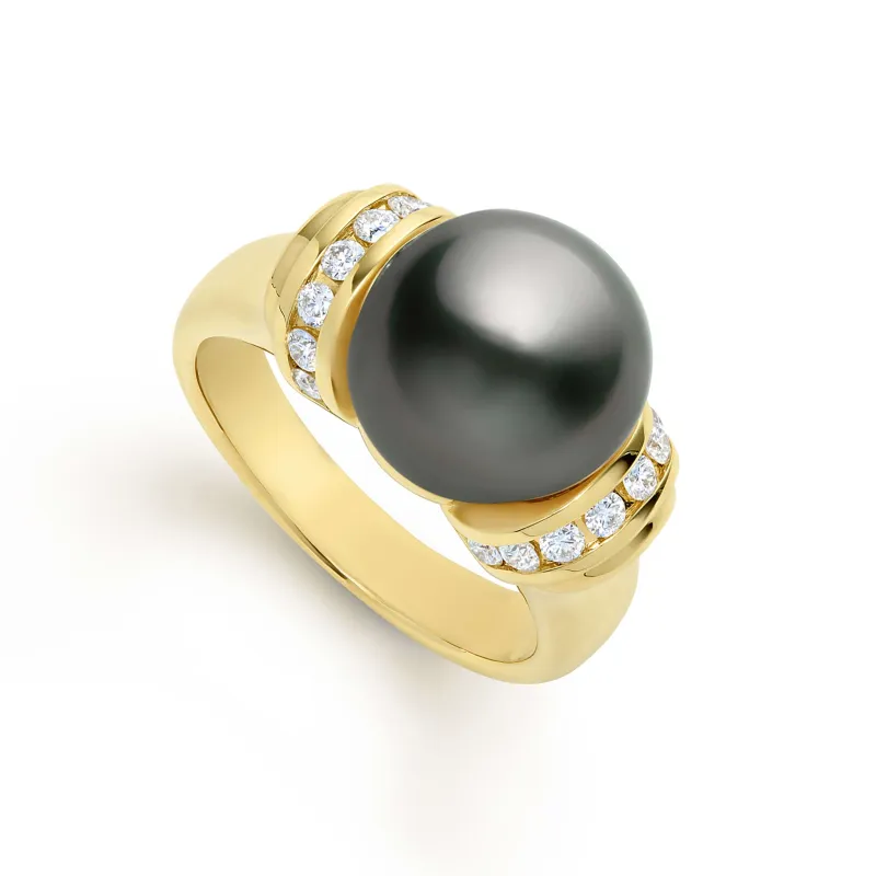 Studio 18K Gold Tahitian Black Pearl and Diamond Ring sold by LAGOS