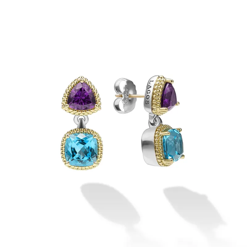 Caviar Color Two-Tone Amethyst and Swiss Blue Topaz Drop Earrings sold by LAGOS