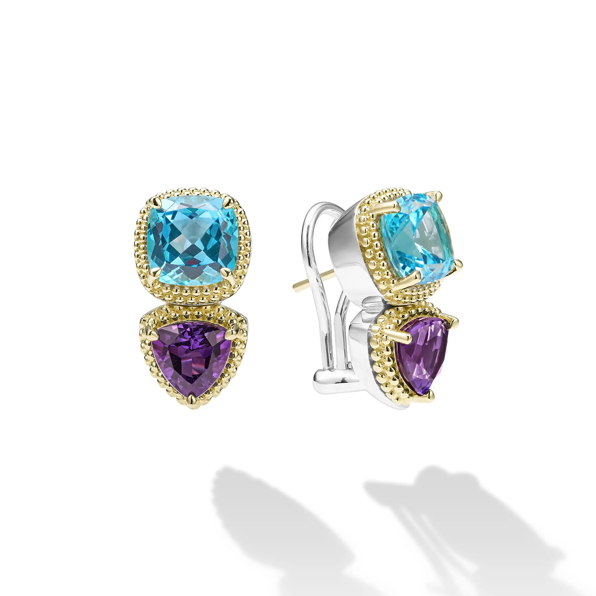 Caviar Color Two-Tone Amethyst and Swiss Blue Topaz Omega Clip Earrings sold by LAGOS
