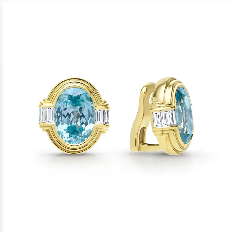 Studio 18K Gold Blue Zircon and Diamond Oval Earrings sold by LAGOS