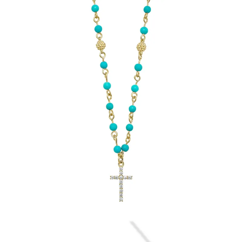 Caviar Color 18K Turquoise and Diamond Cross Necklace sold by LAGOS