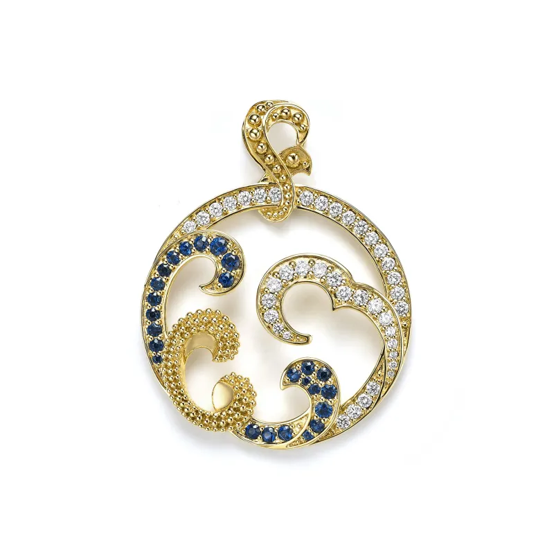 Studio 18K Caviar Gold Blue Sapphire Wave Pendant sold by LAGOS