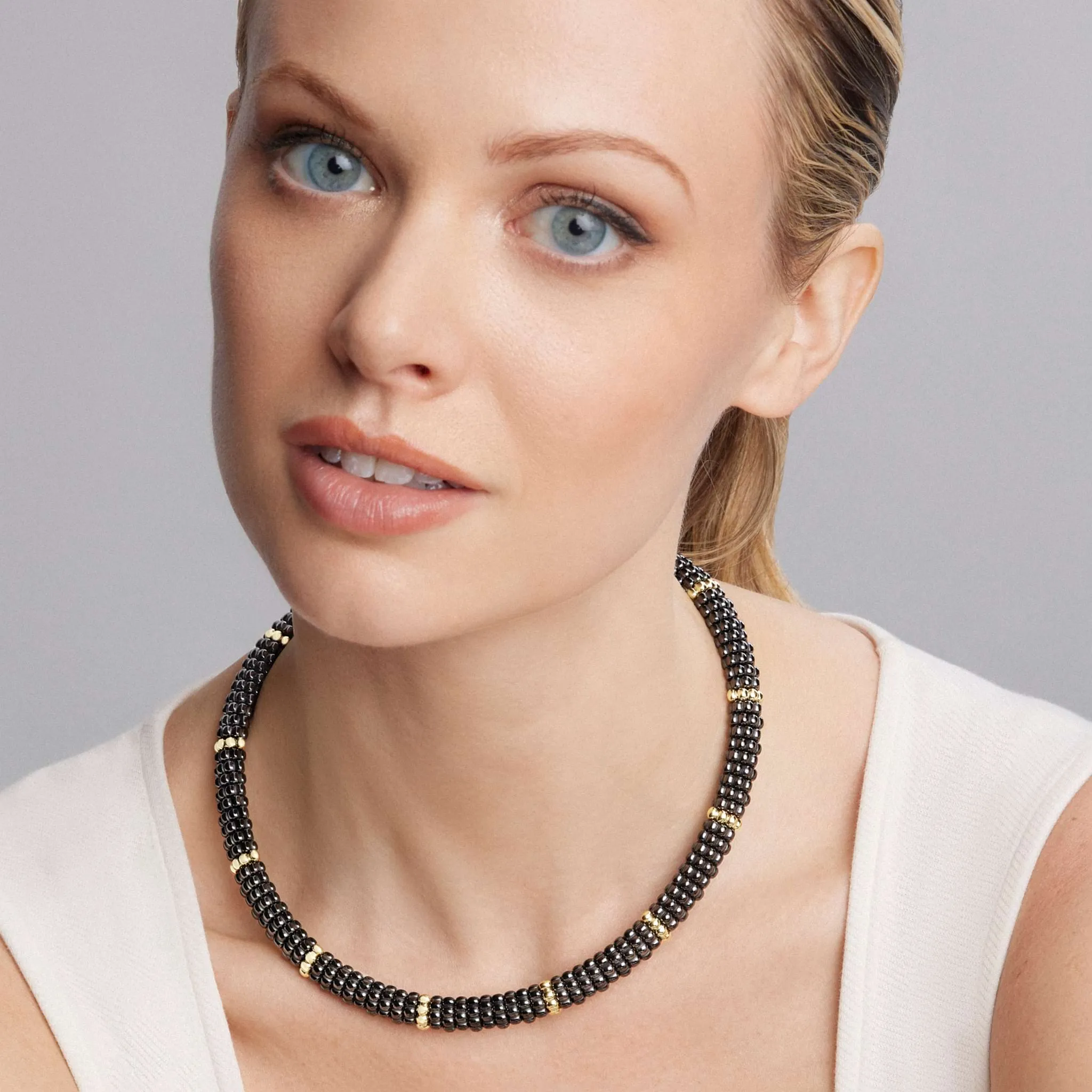 Black Caviar 18K Gold Single Station Ceramic Beaded Necklace | 9mm sold by LAGOS product image thumbnail 2