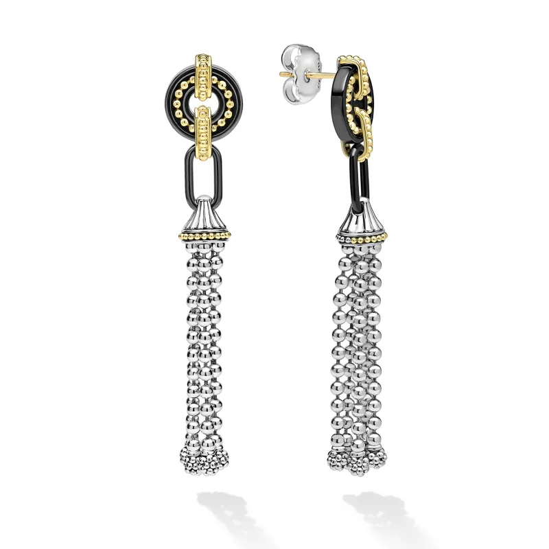 Black Caviar Two-Tone Black Ceramic Tassel Earrings sold by LAGOS