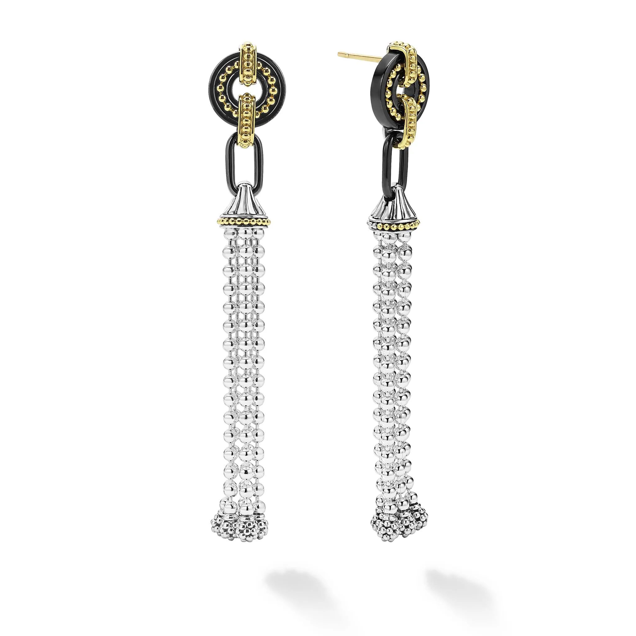 Black Caviar Two-Tone Black Ceramic Tassel Earrings sold by LAGOS