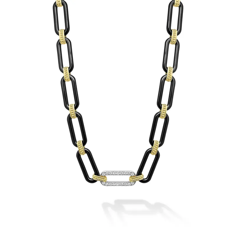 Signature Caviar 18K Gold and Black Ceramic Diamond Station Link Necklace | 9mm sold by LAGOS