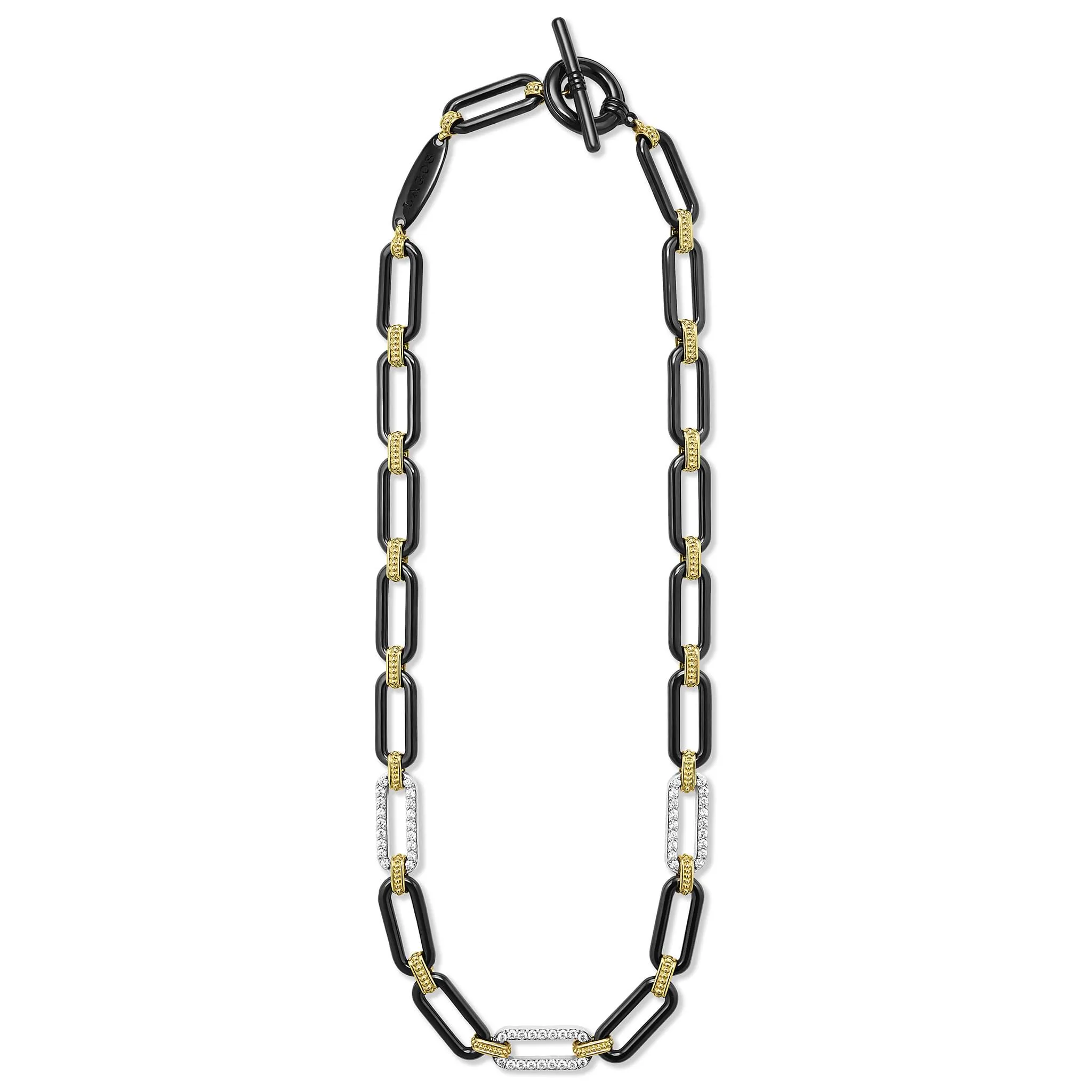 Signature Caviar 18K Gold and Black Ceramic Three Diamond Station Link Necklace | 9mm sold by LAGOS product image thumbnail 3