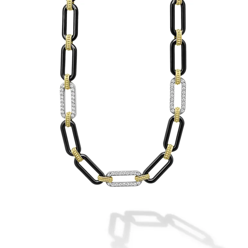 Signature Caviar 18K Gold and Black Ceramic Three Diamond Station Link Necklace | 9mm sold by LAGOS