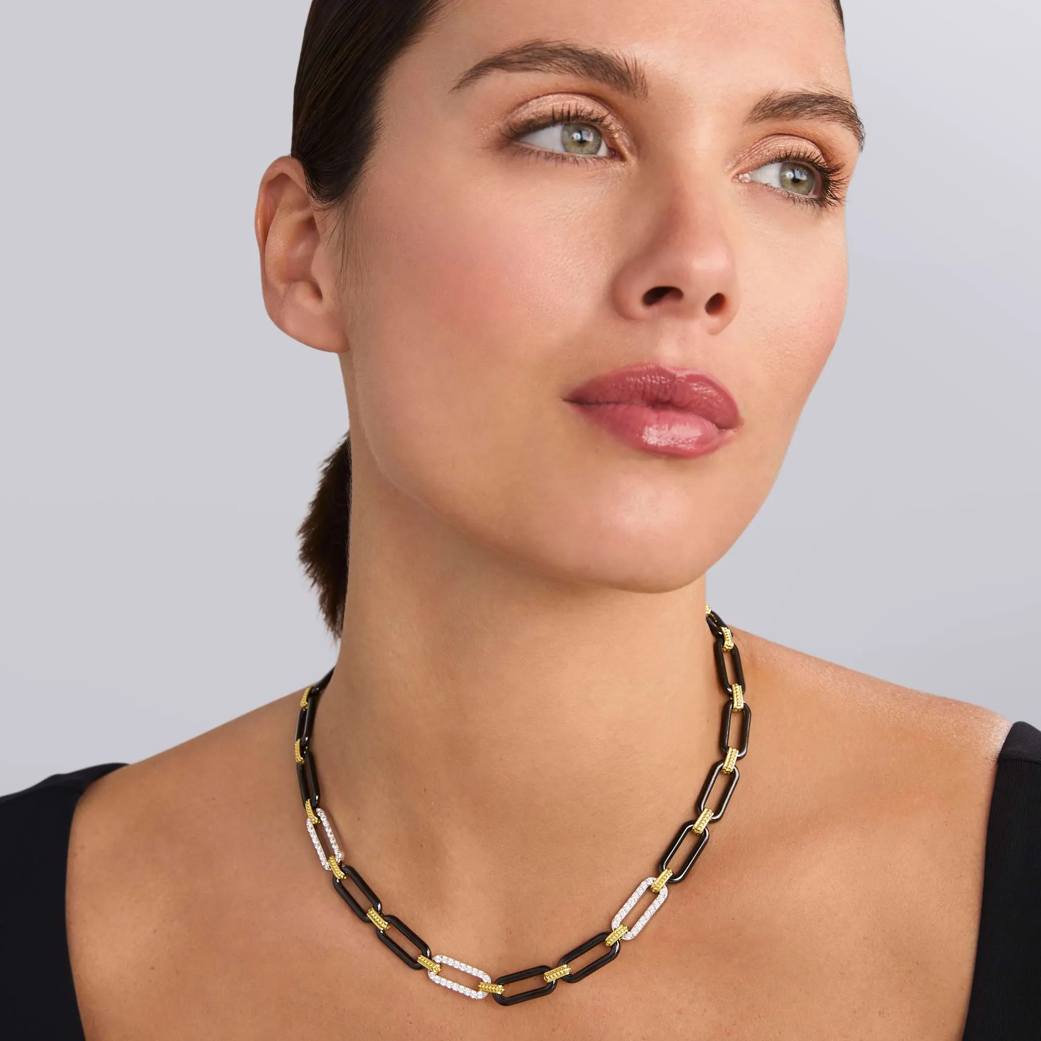 Signature Caviar 18K Gold and Black Ceramic Three Diamond Station Link Necklace | 9mm sold by LAGOS product image thumbnail 2